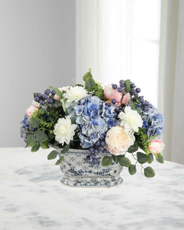 Blue Chinoiserie 22" Faux Floral Arrangement in Ceramic Urn